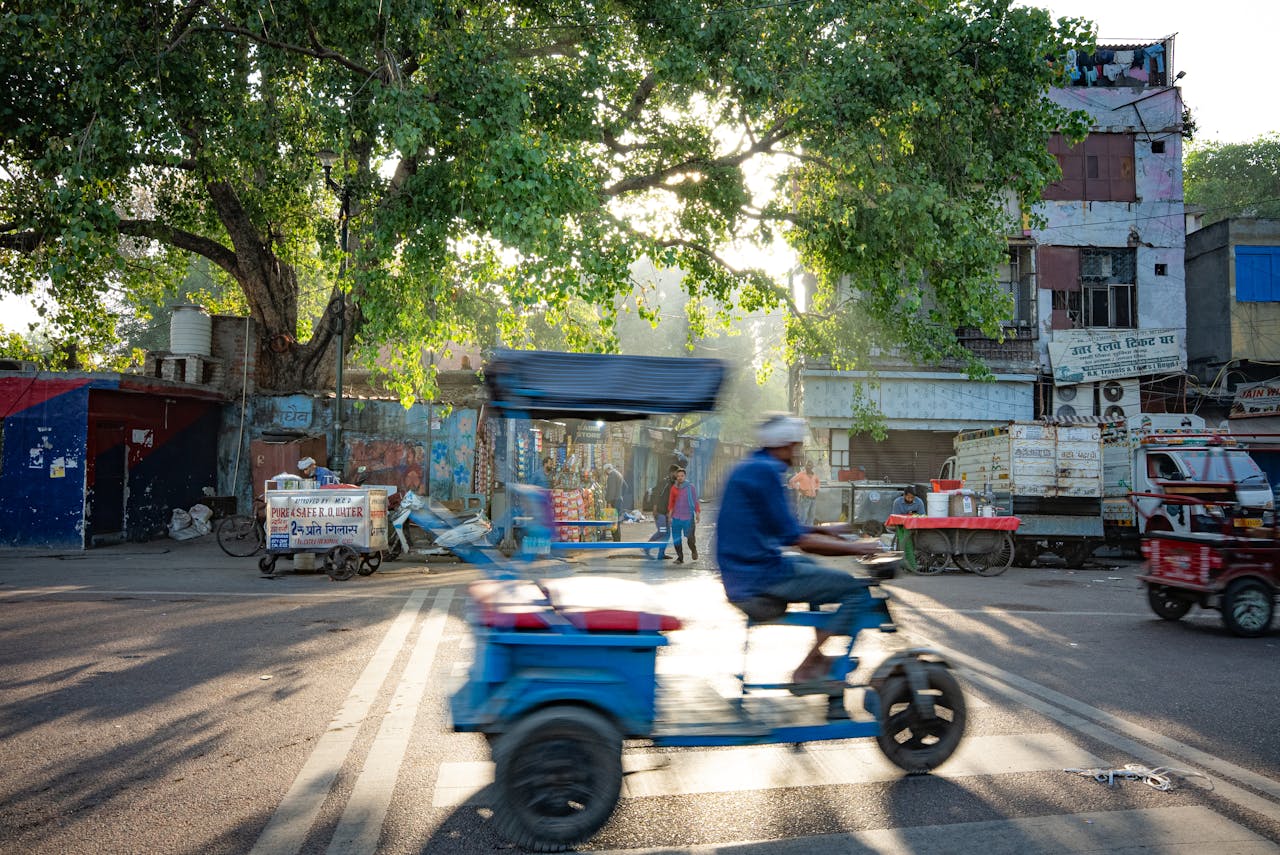 services-02 Blurred E-Rickshaw during morning commute in Delhi with sunlight filtering through trees.